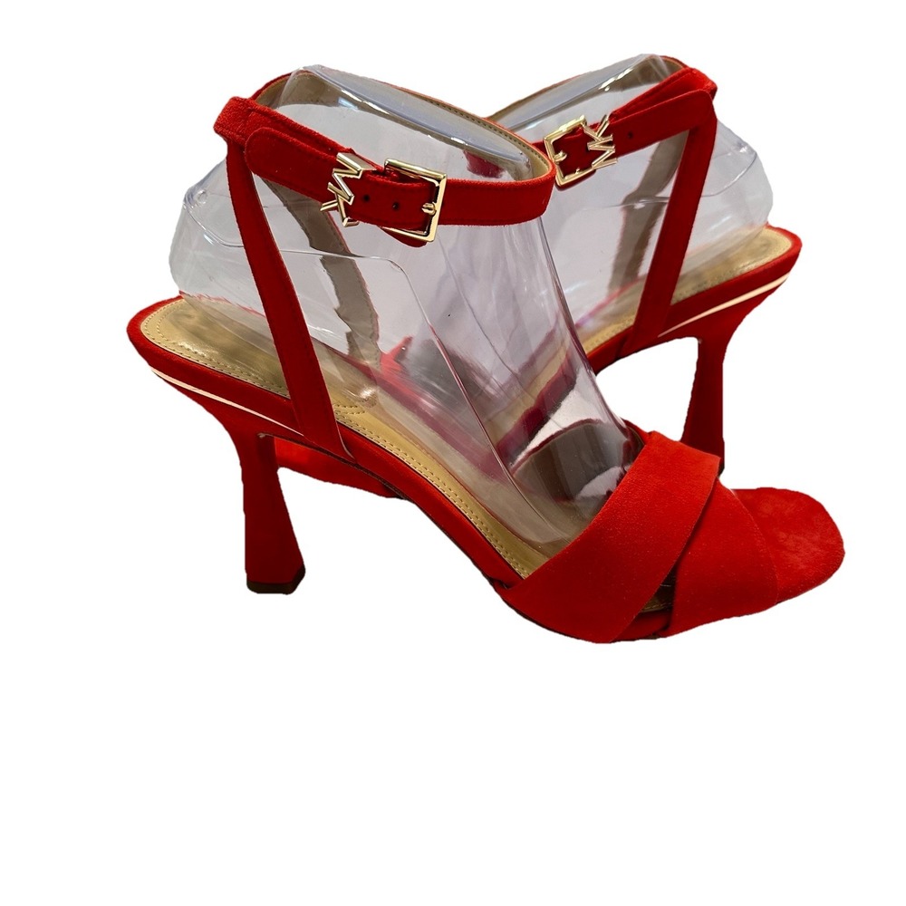 Michael Kors Cara‎ Sandal Heels Suede Leather Bright Red Women's Sz 9.5M Strappy